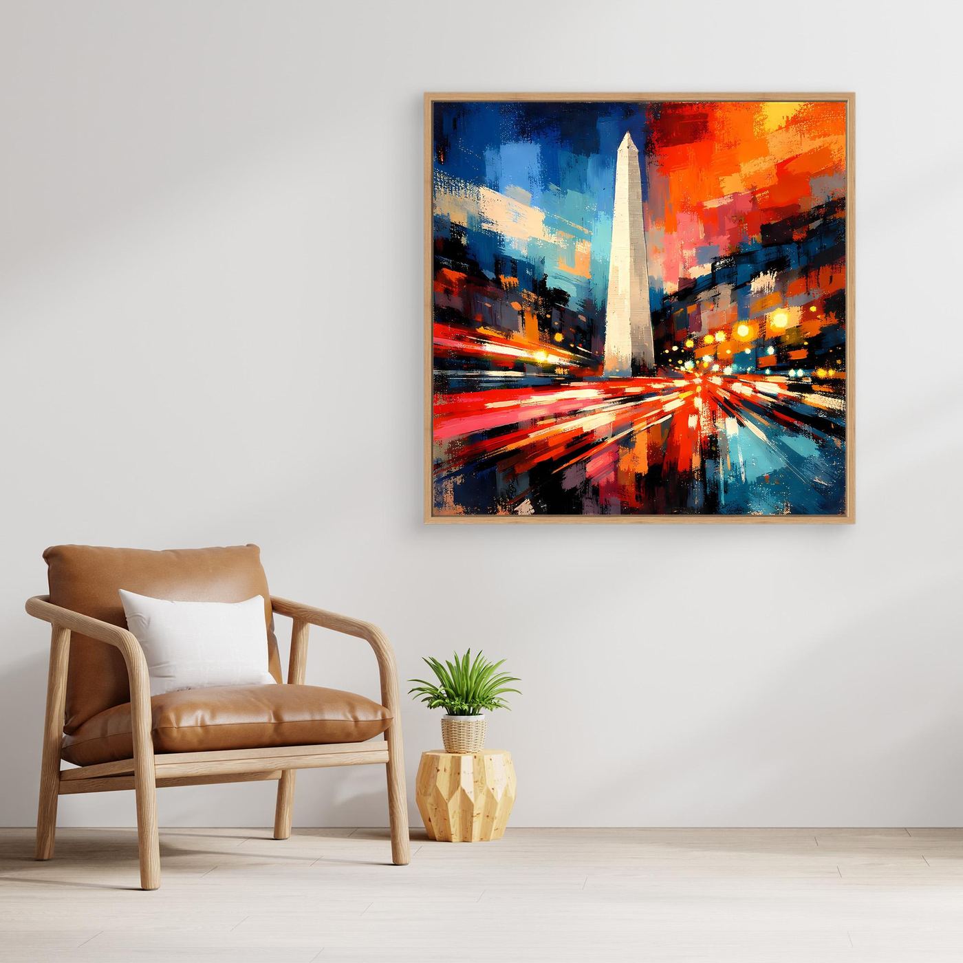 Quadratisches Leinwand-Wandbild mit abstraktem Obelisk und Rahmen aus Holz