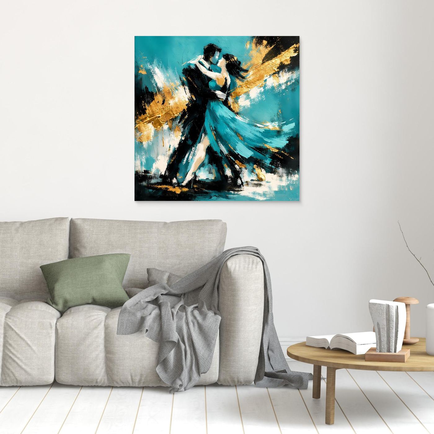 Leinwand Abstraktes Tanzpaar in Türkis und Gold | Modernes Romantisches Paar Wandbild