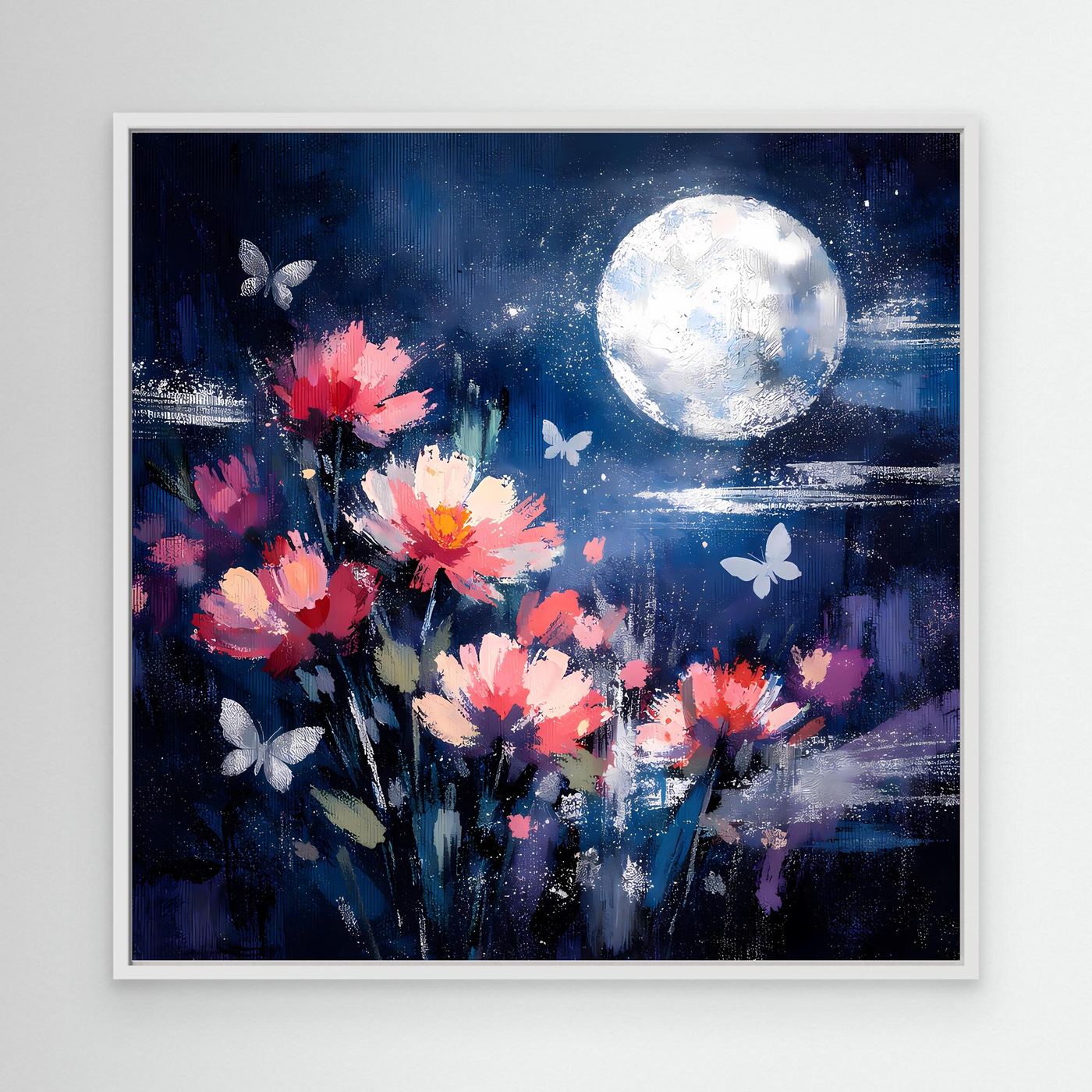 Abstraktes Blumen-Wandbild mit weißem Rahmen: pinke Blüten, großer heller Mond, Schmetterlinge