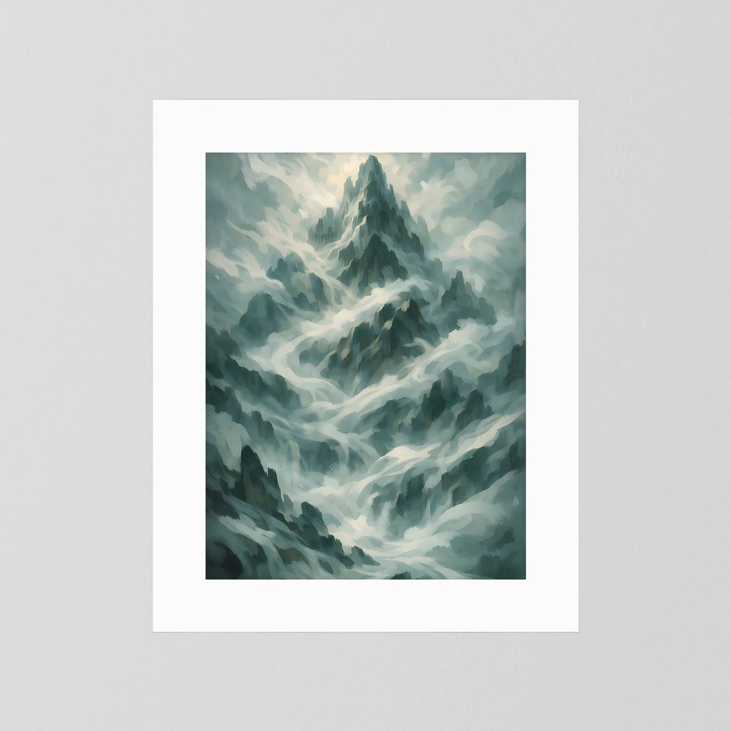 Poster Hochformat mit mystischer Berglandschaft in Salbeigrün und Grau, weißer Rand