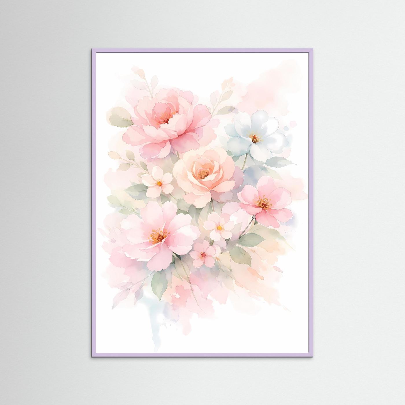 Wandbild mit Aquarell-Blumenbouquet in Pastelltönen, lila Holzrahmen
