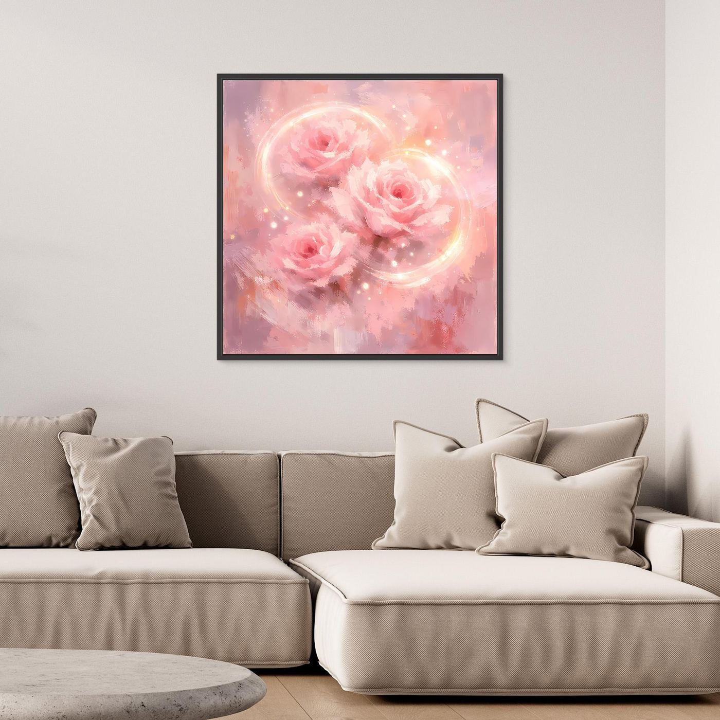 Abstraktes Leinwandbild schwarz gerahmt, rosafarbene Rosen und schimmernde Kreise
