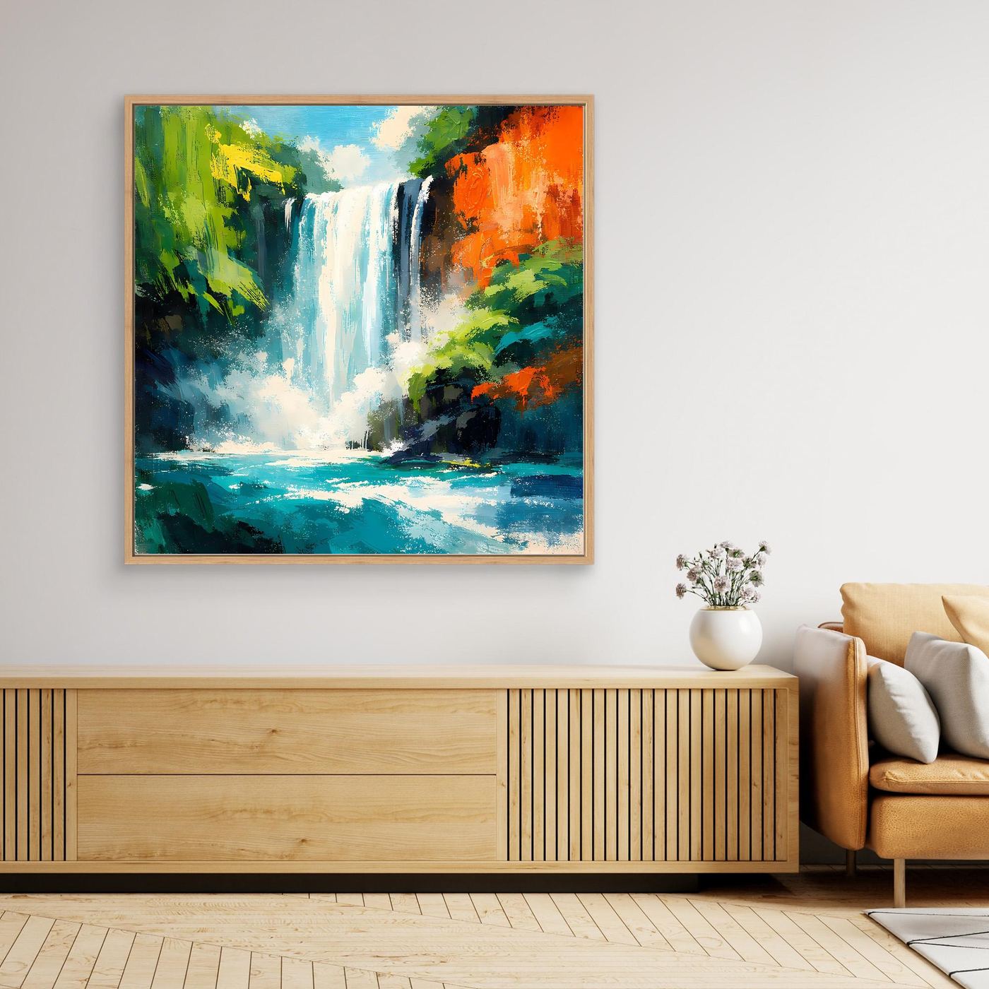Gerahmtes Leinwandbild mit tropischem Wasserfall, orangefarbener Rahmen und abstrakter Dschungelkulisse