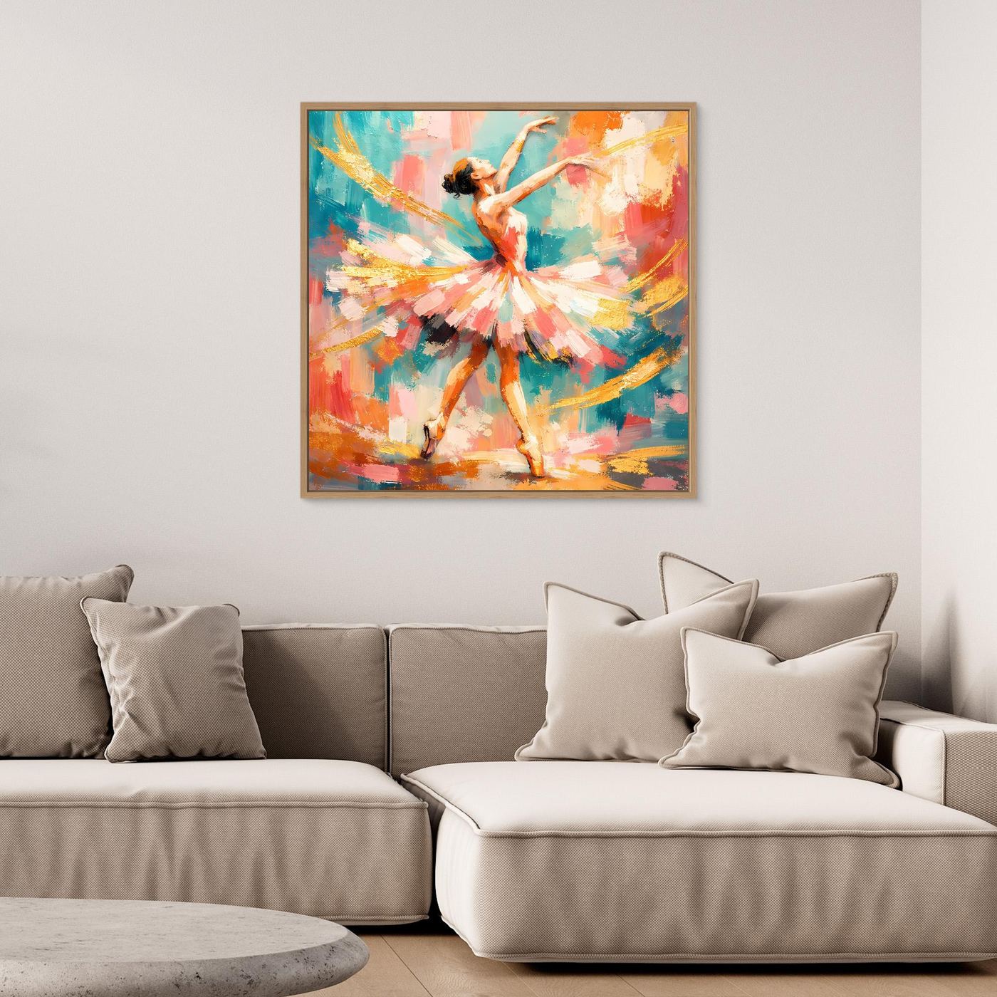 Buntes Leinwandbild mit abstrakter Ballerina, türkis und orange, goldene Rahmung