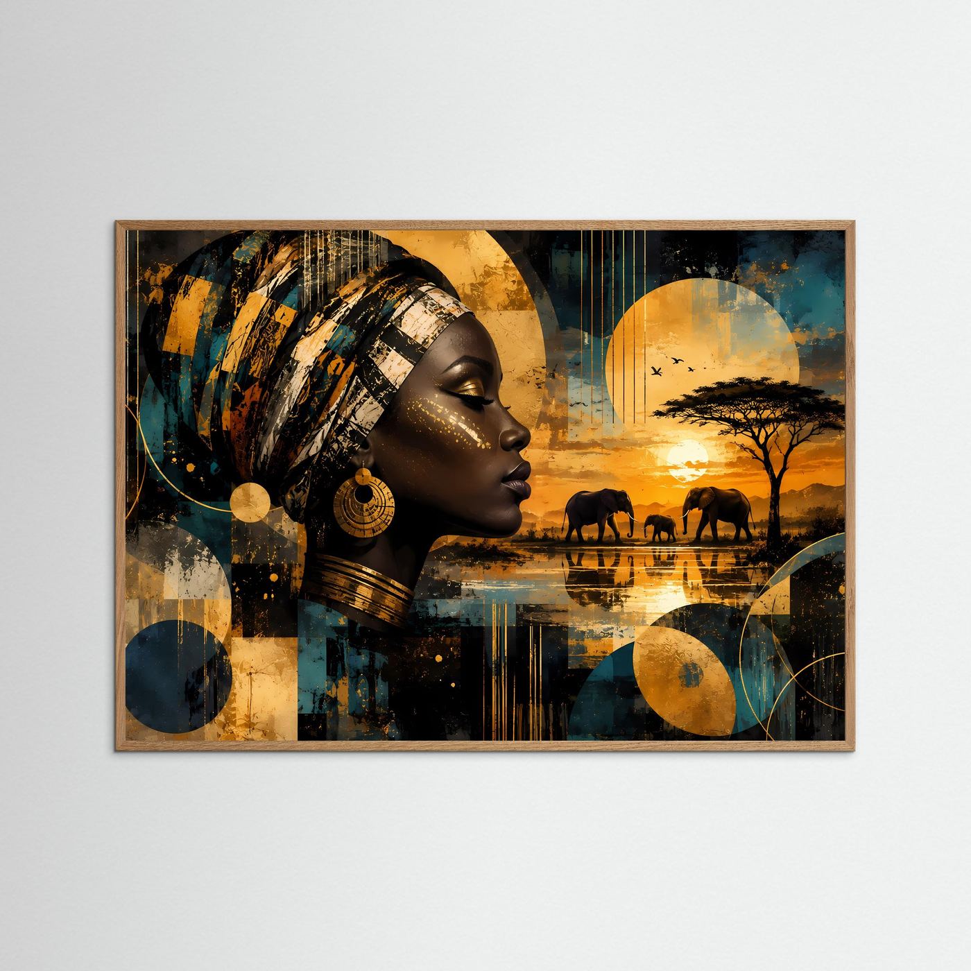 Gerahmtes Poster (Eichenrahmen natur) mit Porträt afrikanische Frau, Elefanten, Sonnenuntergang