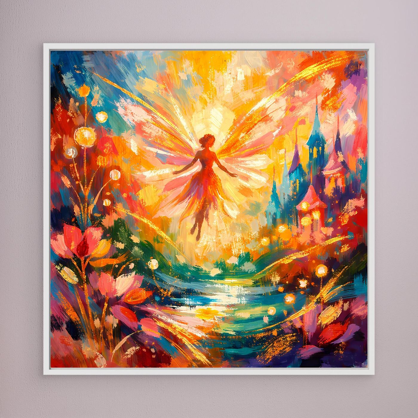 Leinwandbild mit abstrakter Fantasy-Szene im weißen Rahmen: bunte Lichtstrahlen, Figur, Blumen und Lichter.