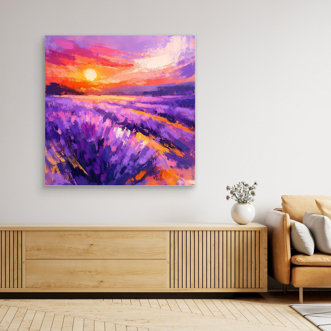 Square abstract lavender field sunset canvas wall art with purple rows and orange sun