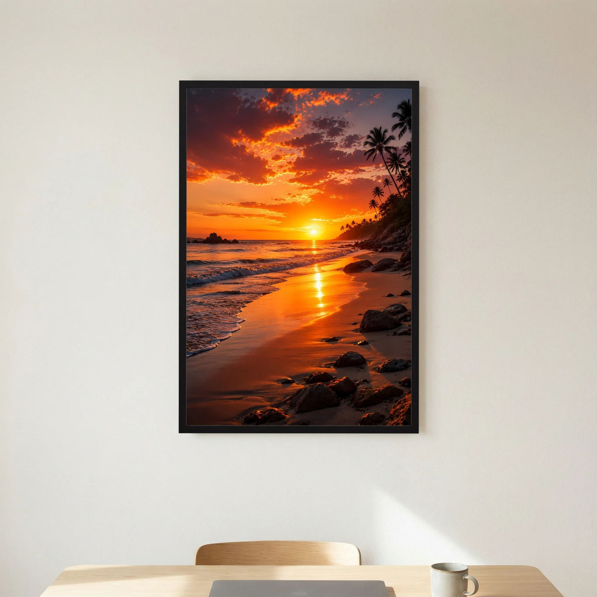 Hochformatiges Poster mit Strand bei Sonnenuntergang und Palmen, schwarzer Rahmen