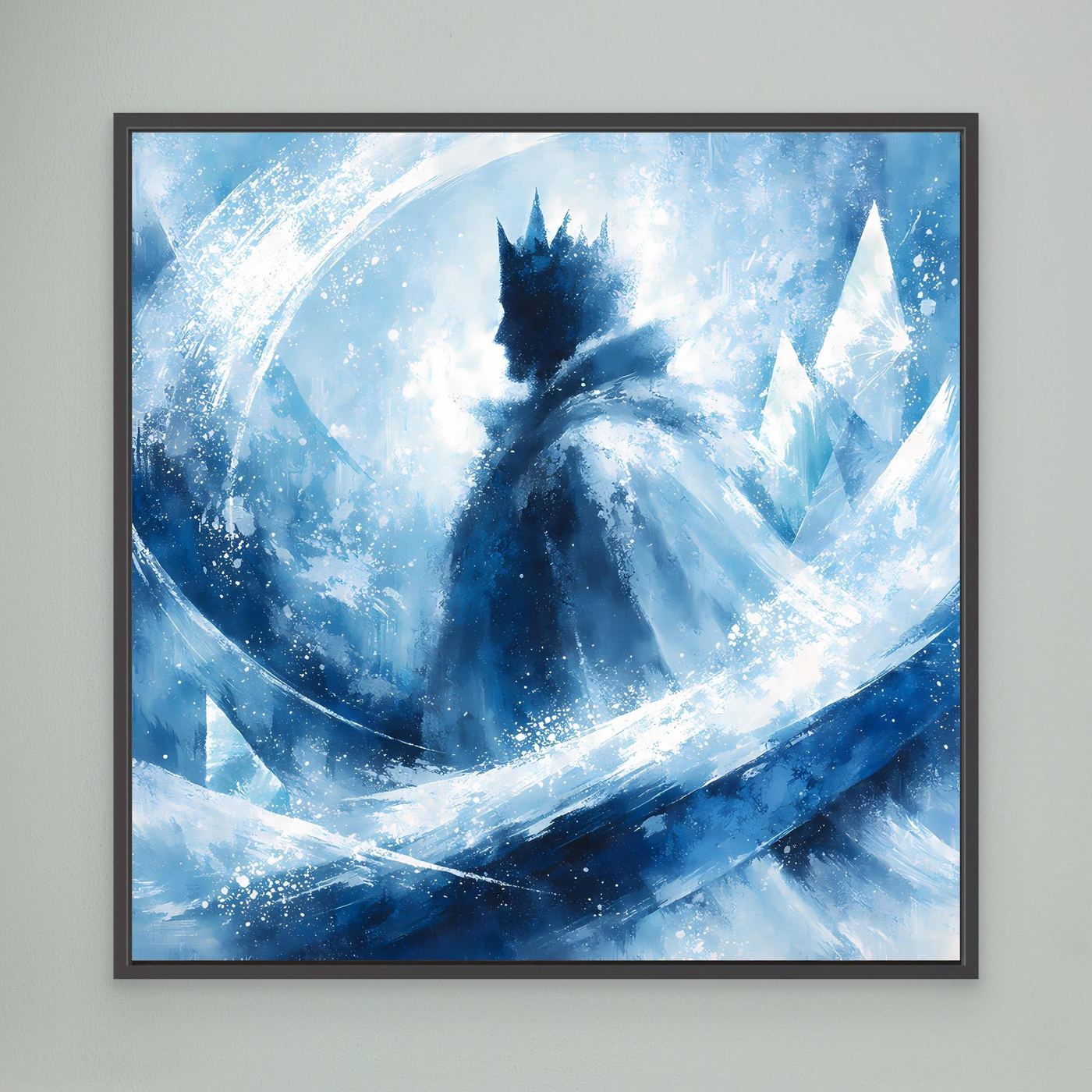 Leinwandbild mit abstraktem Wintermotiv in Blau, Silhouette mit Krone, schwarzer Rahmen
