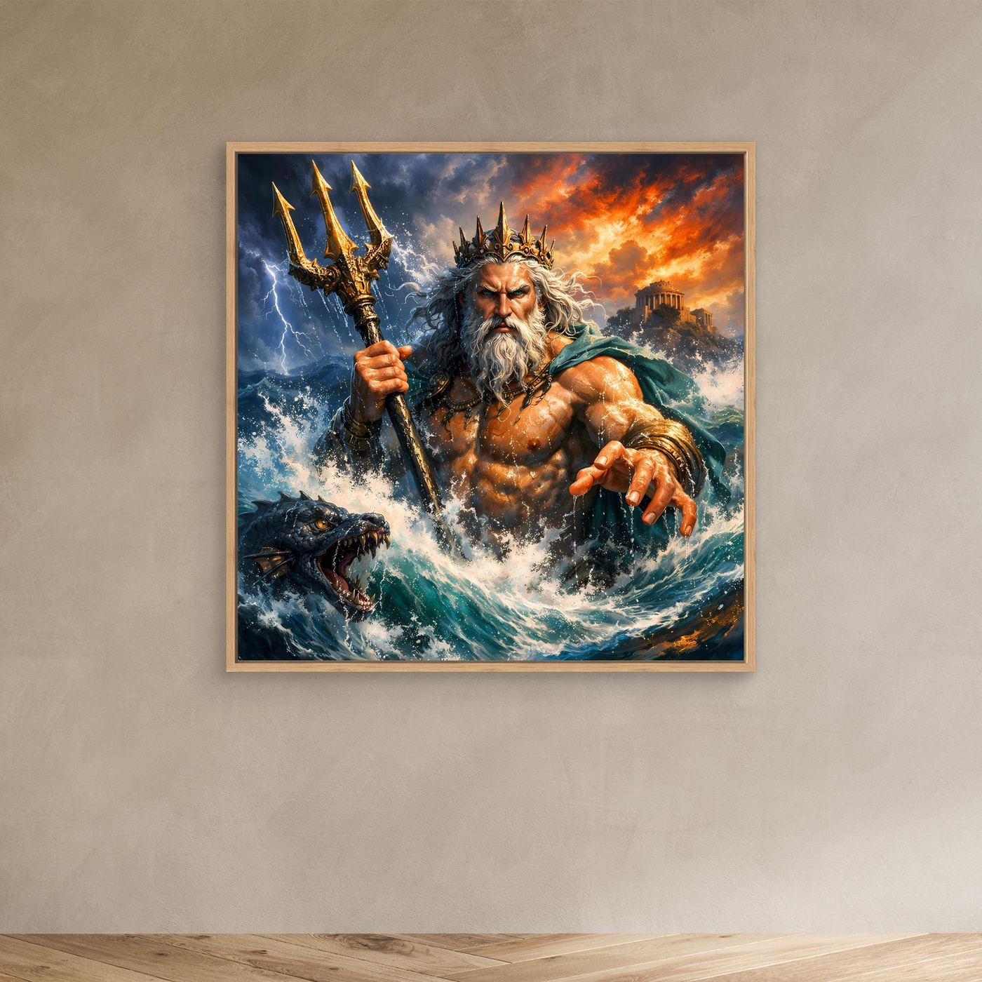 Leinwand Monumentaler Poseidon im Wellenrausch | Mythisches Meeresgott Wandbild