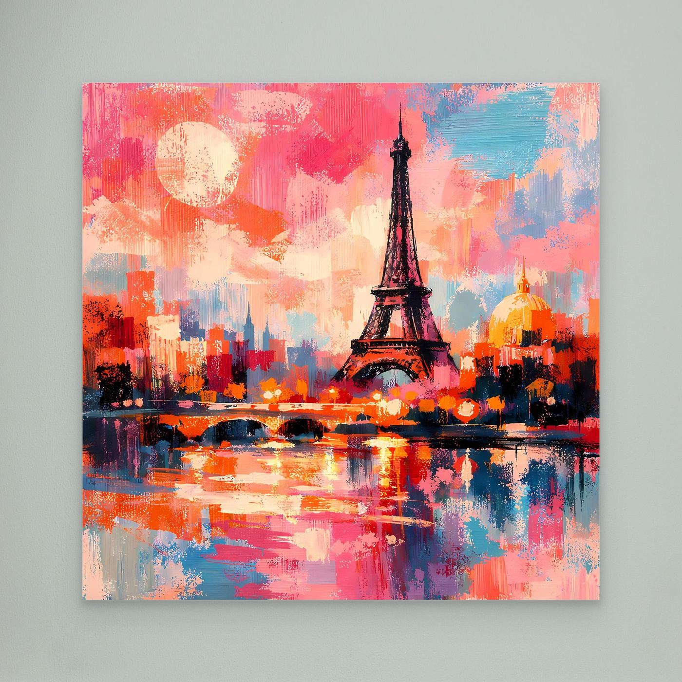 Abstraktes Leinwand-Wandbild mit Eiffelturm, abstrakter Skyline und Reflexion, ohne Rahmen