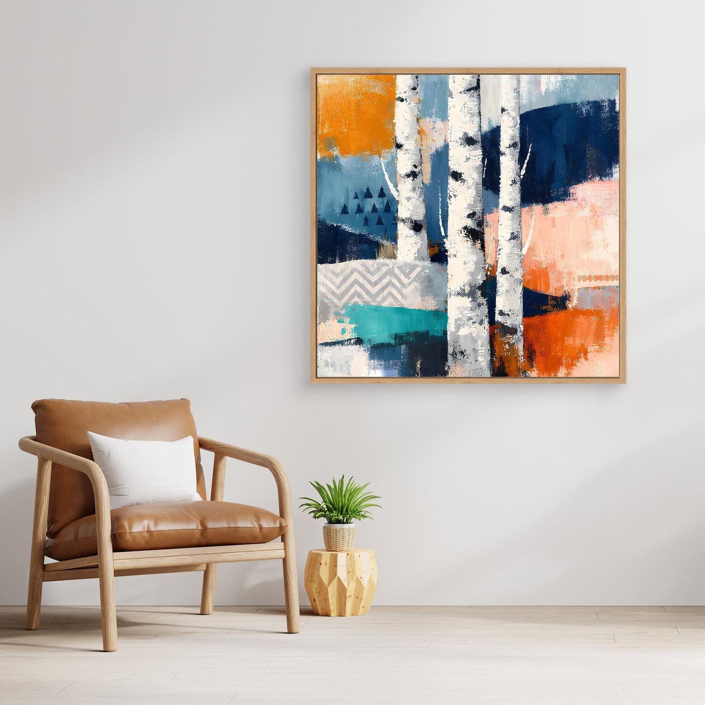 Gerahmtes Leinwand-Wandbild mit abstraktem Birkenwald, blau-weißem Muster und orange Einsprengseln