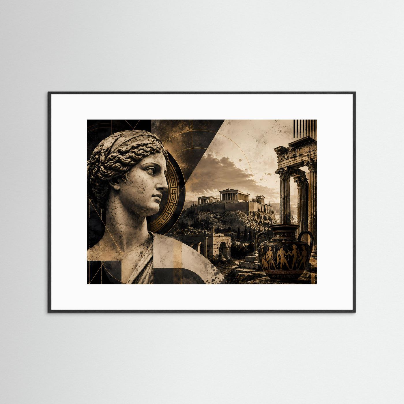 Wandkunst mit griechischer Statue im Schwarz-Gold-Print, schwarz gerahmt mit weißem Passepartout