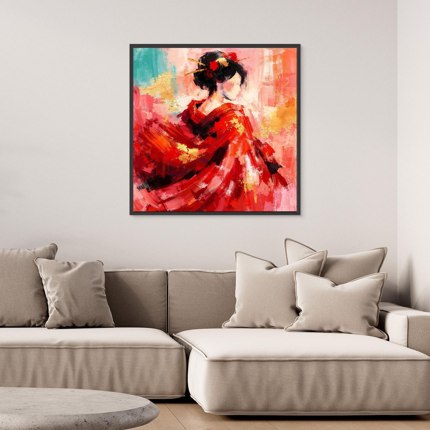 Gerahmtes abstraktes Leinwandbild: Geisha in Rot mit schwarzem Haar und Goldakzenten