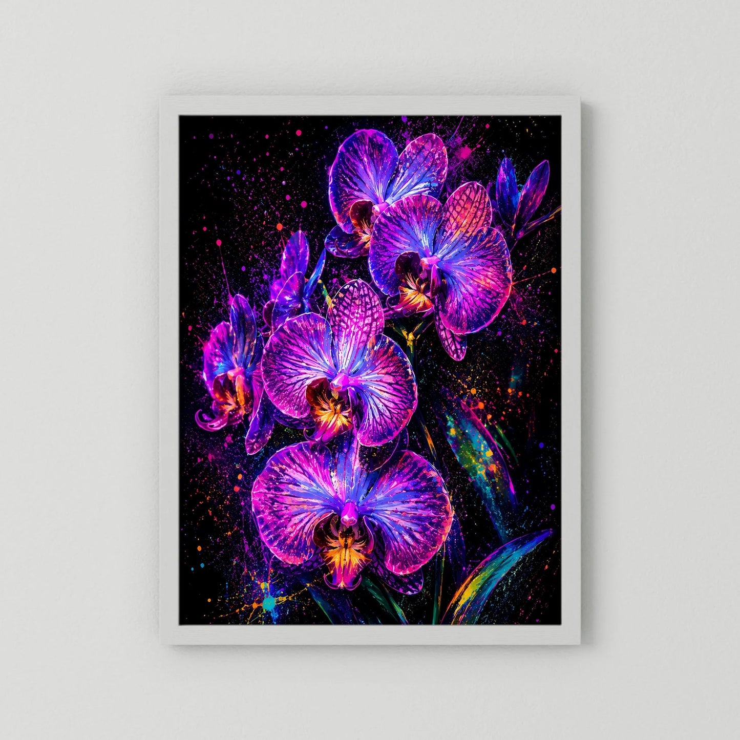 Hochformatiges Blumenposter mit leuchtenden Orchideenblüten in Neon-Pink und Violett, weißer Rahmen