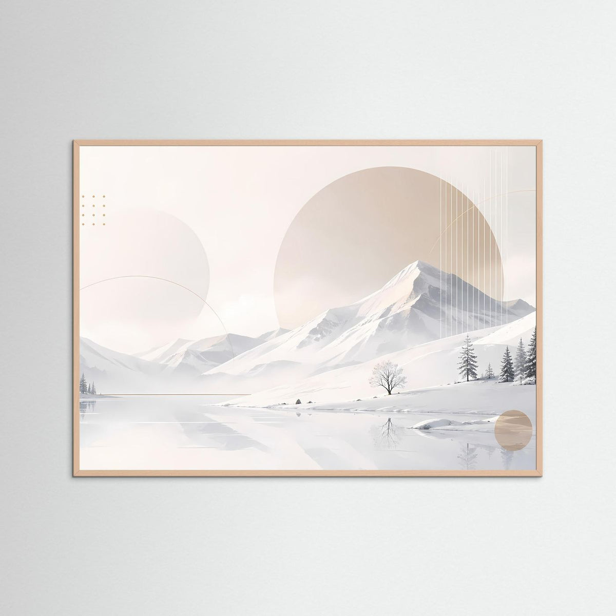 Poster im Querformat mit winterlicher Berglandschaft, heller Holzrahmen, Weiß-Beige