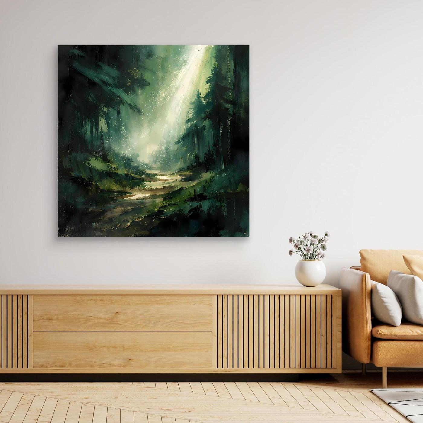 Leinwand Magischer Lichtstrahl im Wald | Abstraktes Tannenwald Wandbild Grün