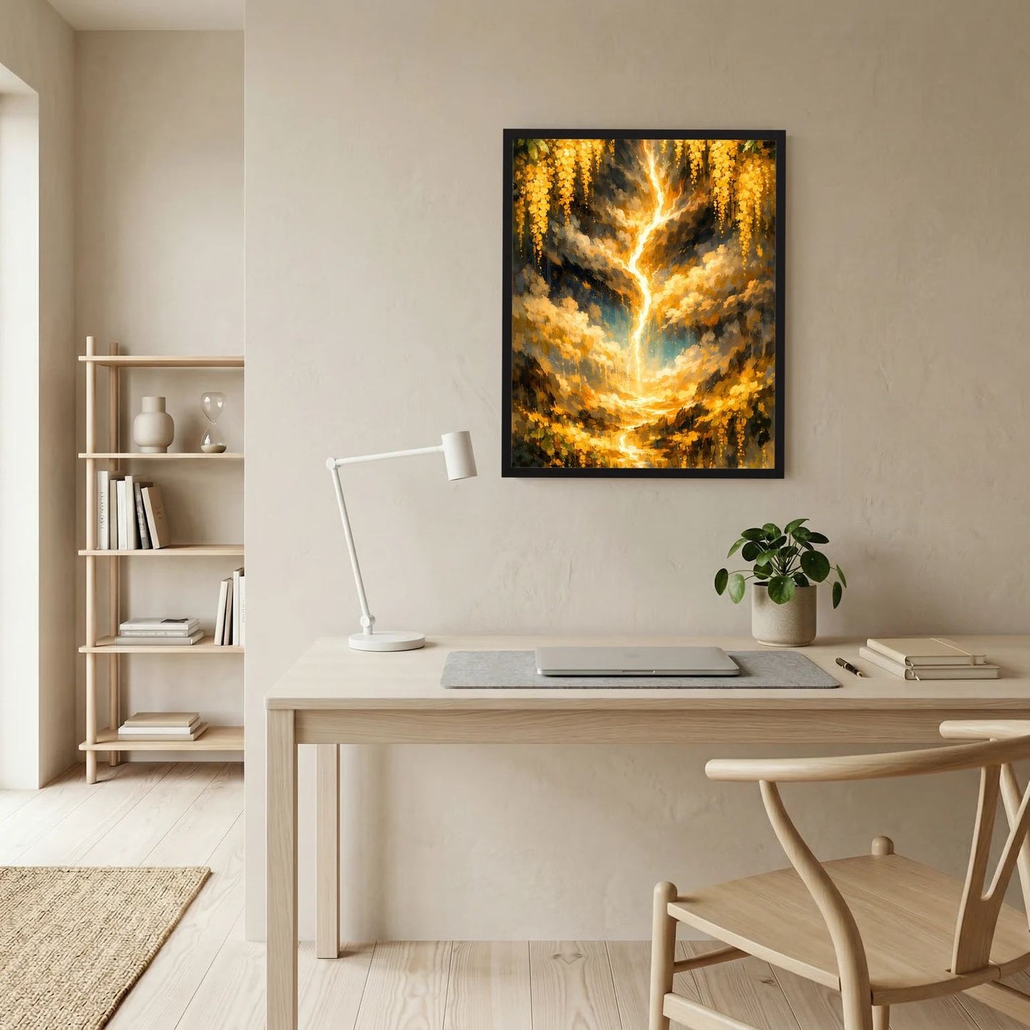 Großformatiger Kunstdruck mit leuchtendem goldenen Lebensbaum-Motiv im schwarzen Rahmen
