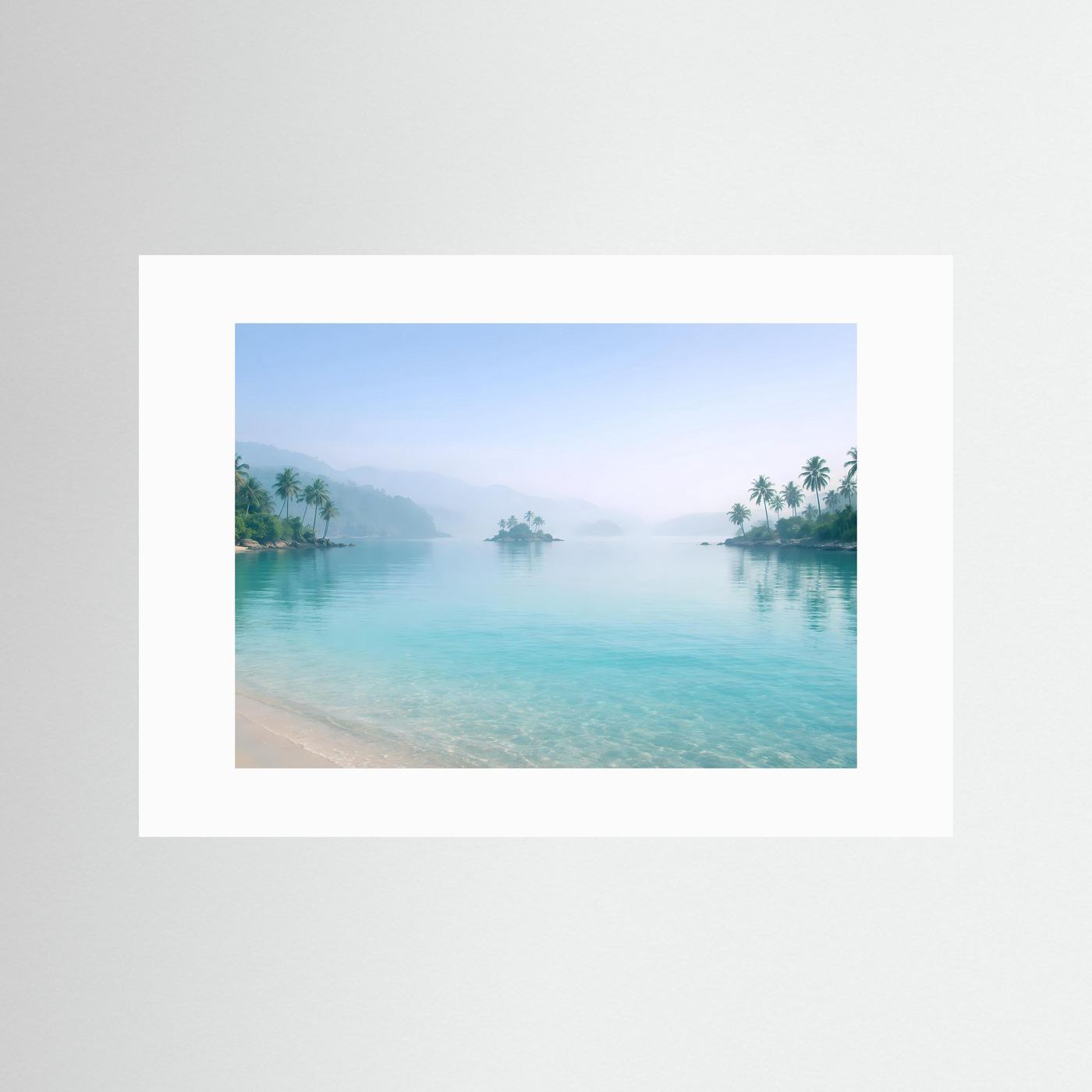 Tropisches Inselparadies im Nebel | Strand & Palmen Wandbild Querformat