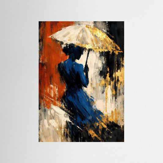 Abstraktes Kunstposter: Frau mit goldener Schirm, saphirblau, terrakotta, gelb, weiß