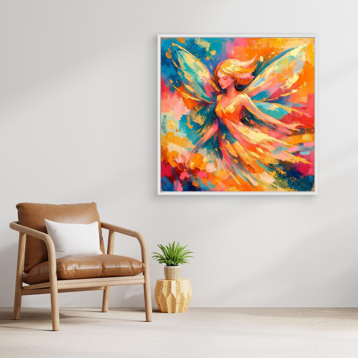 Quadratisches Leinwandbild mit goldfarbenem Rahmen: Fee mit Flügeln, farbige Strahlen.