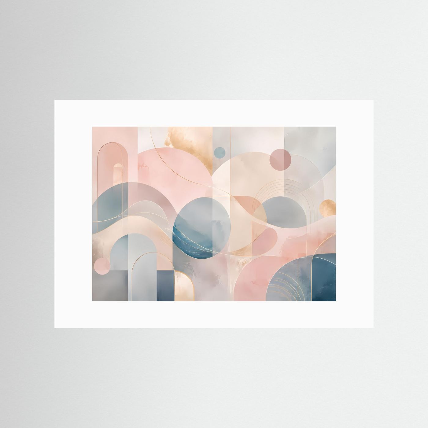 Abstrakte Geometrische Formen in Pastellrosa, Blau & Beige | Moderne Minimalistische Wandkunst mit Bögen, Kreisen und Goldenen Linien | Elegantes Premium Wandbild im Querformat