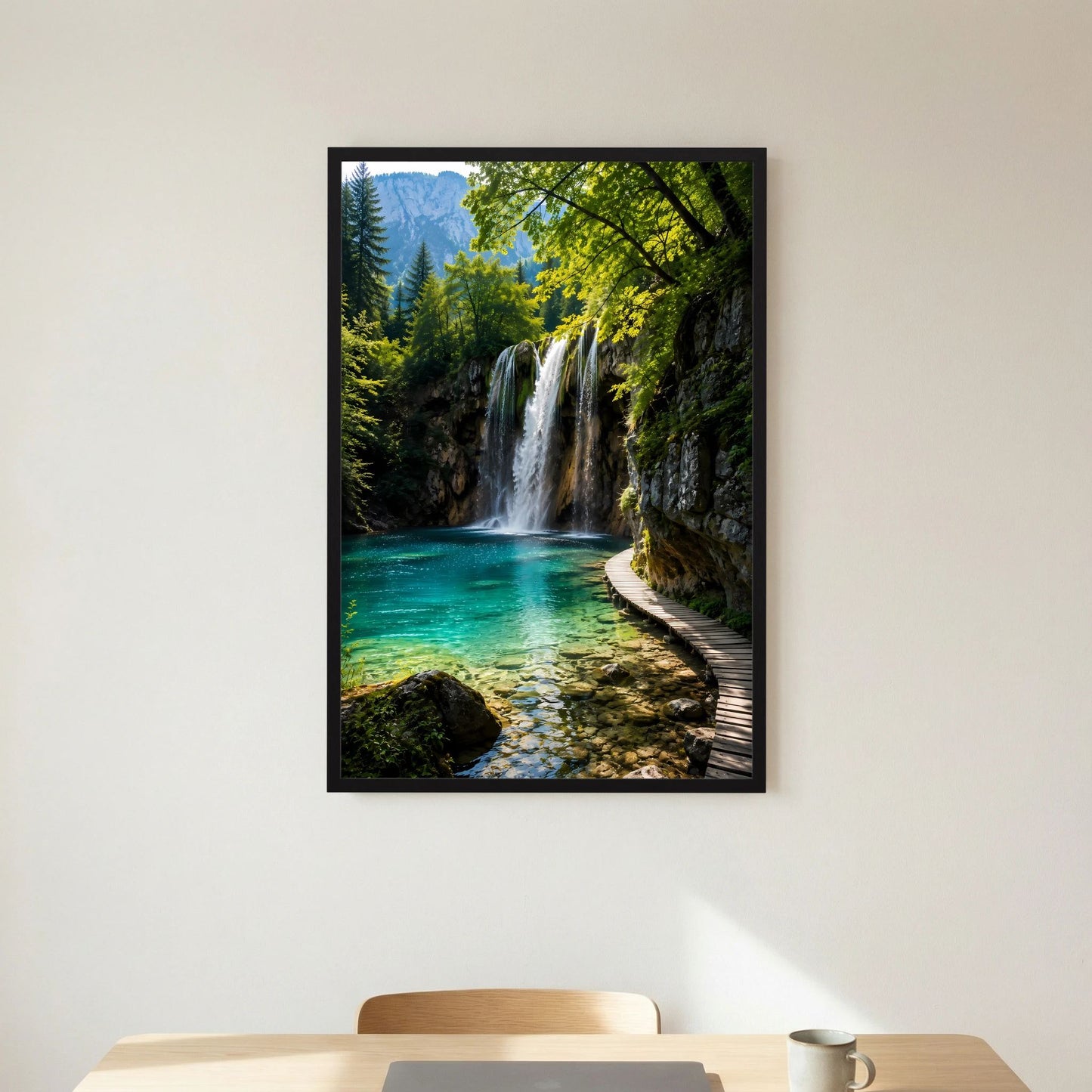 Hochformat-Poster mit Wasserfall und türkisfarbenem See, im schwarzen Rahmen