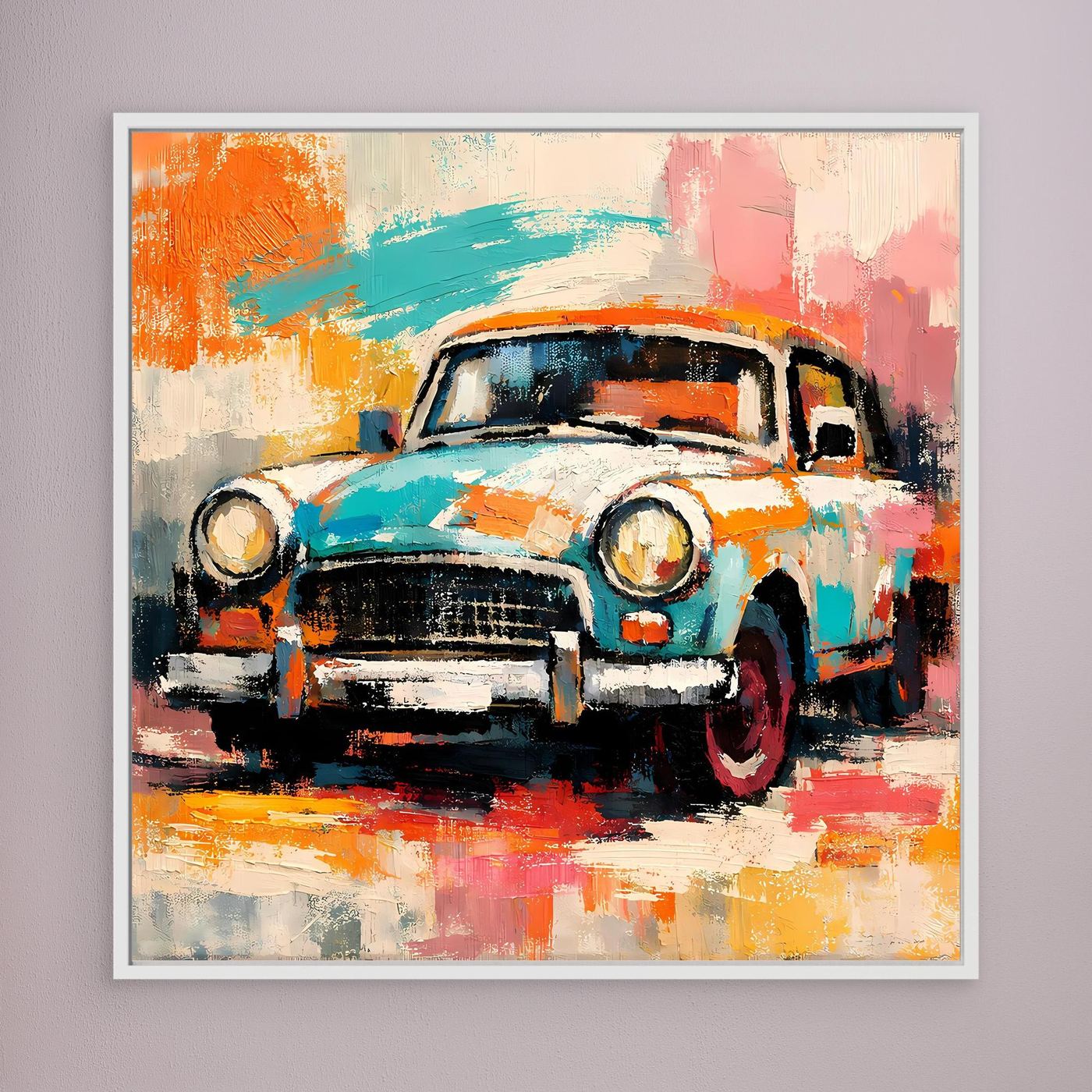 Abstract vintage car wall art in white frame, teal orange pink brushstrokes