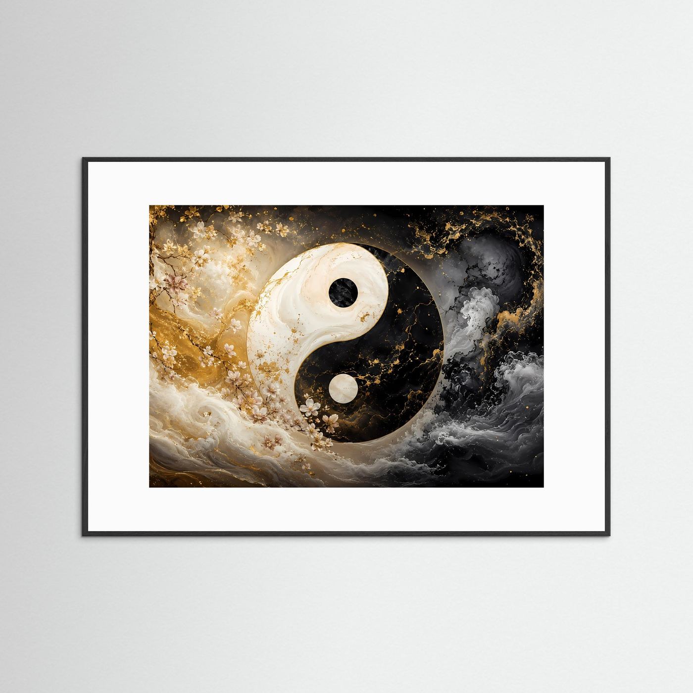 Yin Yang Poster Gold Schwarz | Spirituelle Wandkunst | Abstrakte Zen Kunst | Elegantes Feng Shui Wandbild