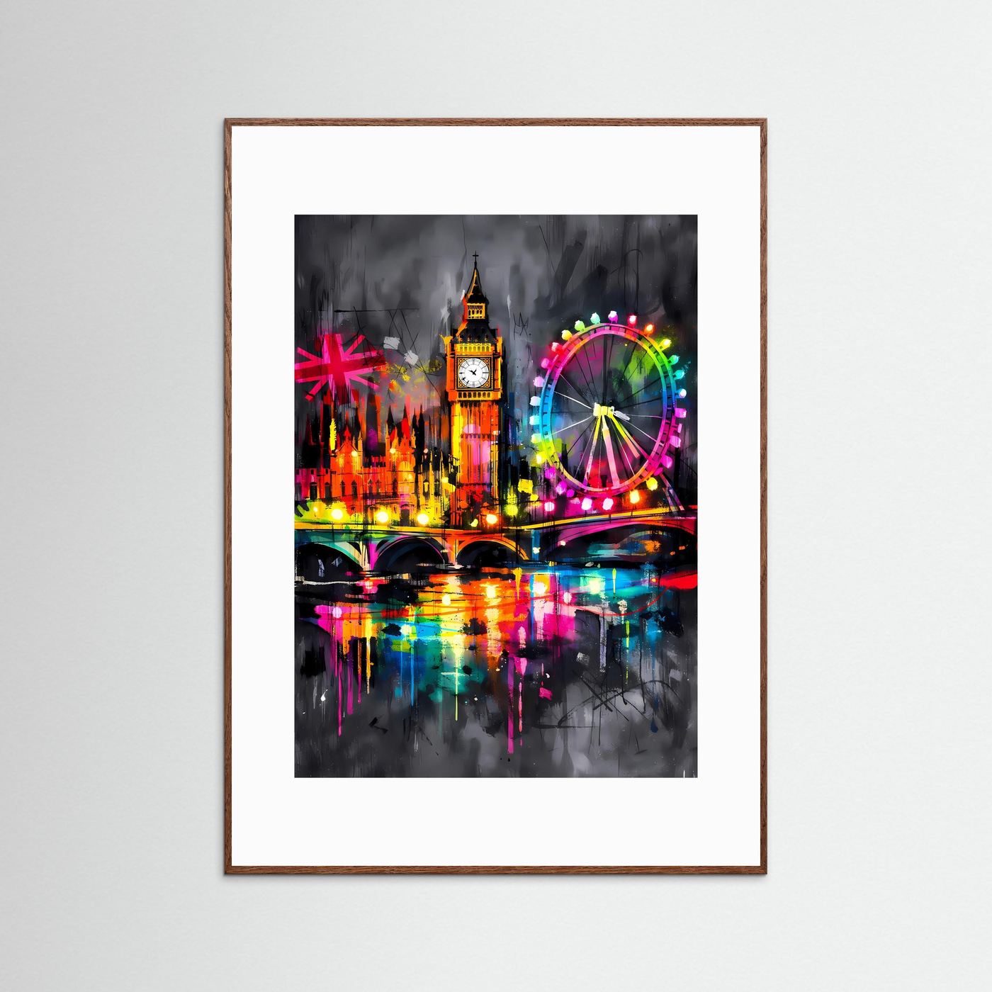 Die Lichter der Themse | Neon London Poster mit Big Ben & London Eye | Abstraktes Skyline Kunstposter Hochformat