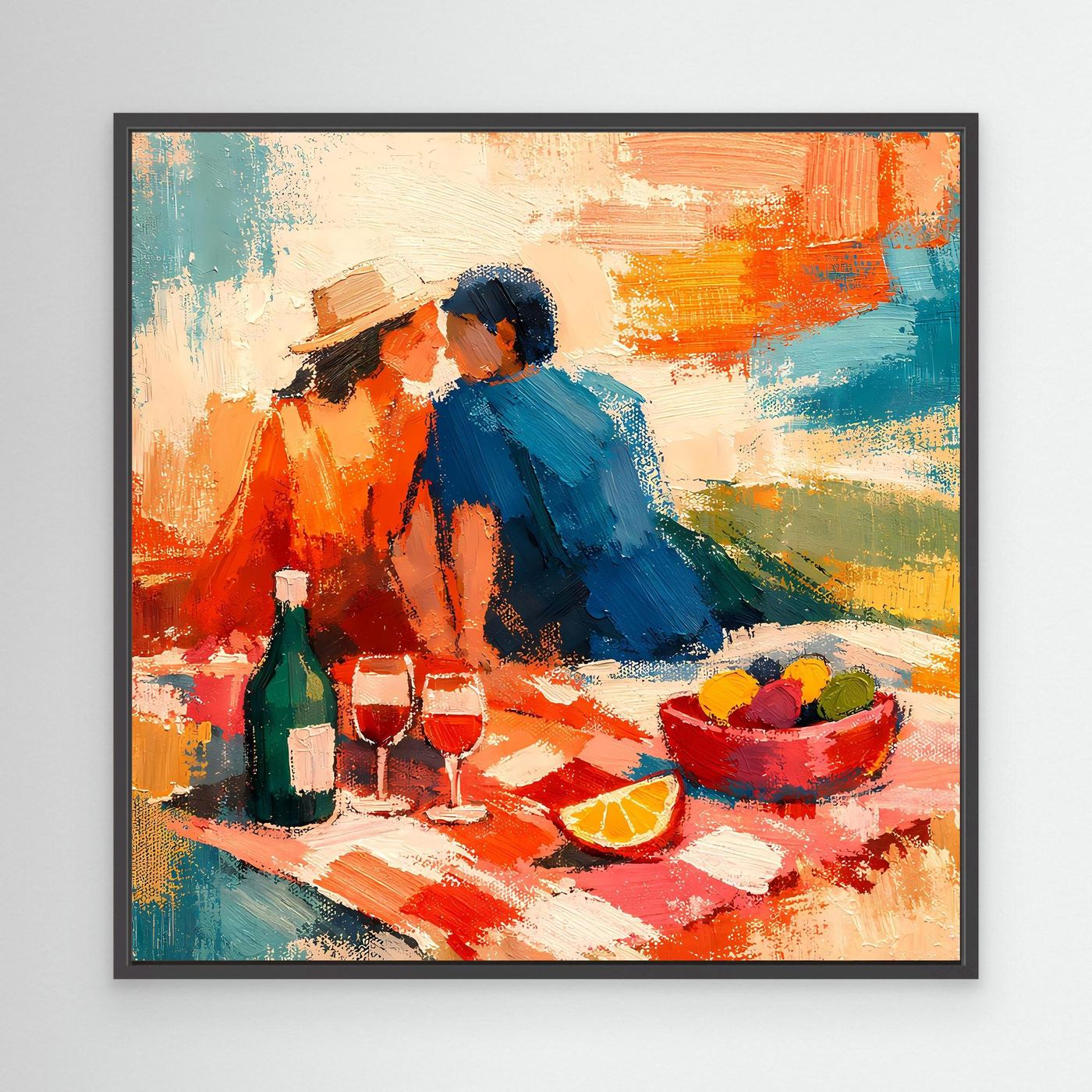 Leinwand-Wandbild im schwarzen Rahmen: abstraktes Picknick-Paar, Orange/Blau, Obstschale