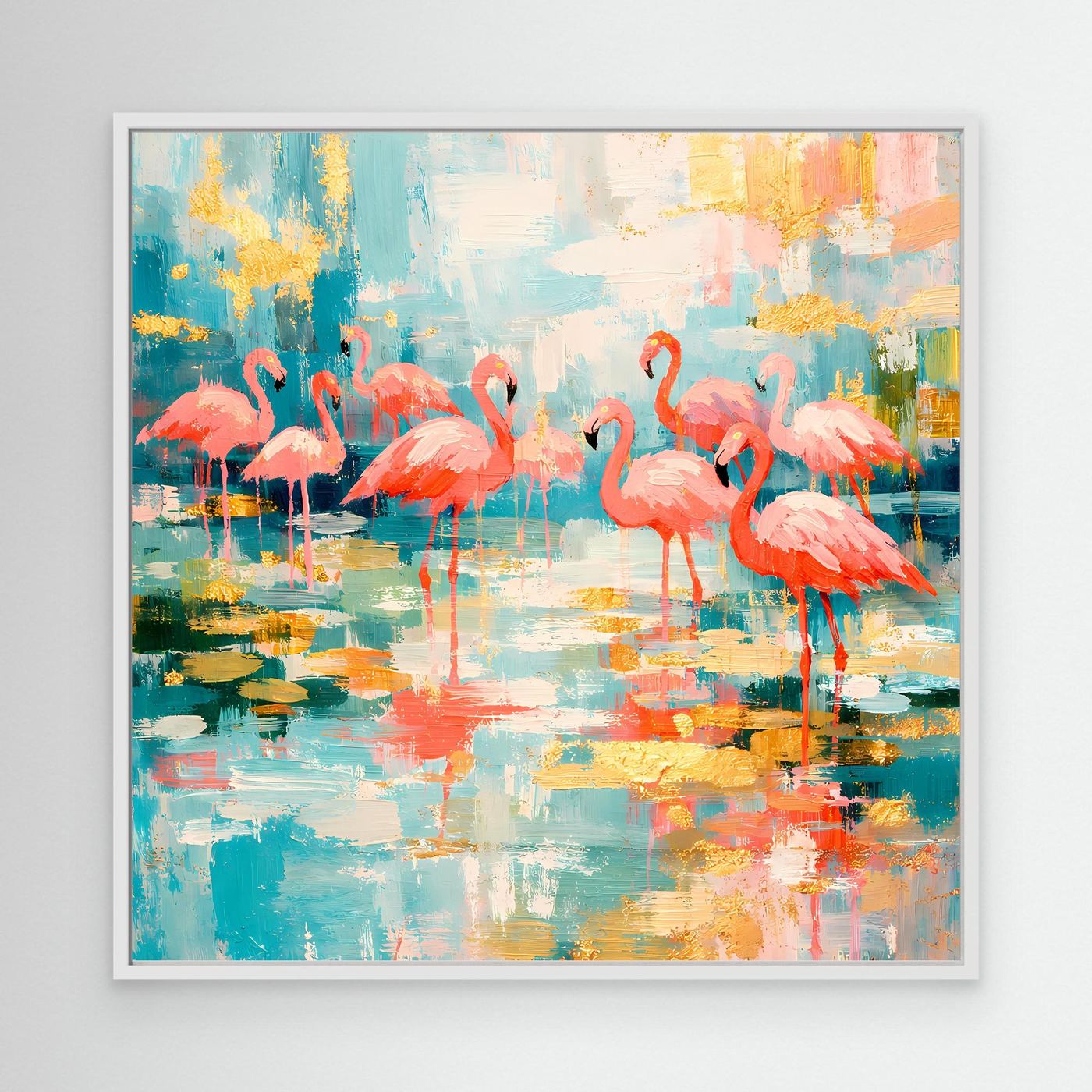 Leinwandbild mit bunten Flamingos auf abstraktem See im weißen Rahmen