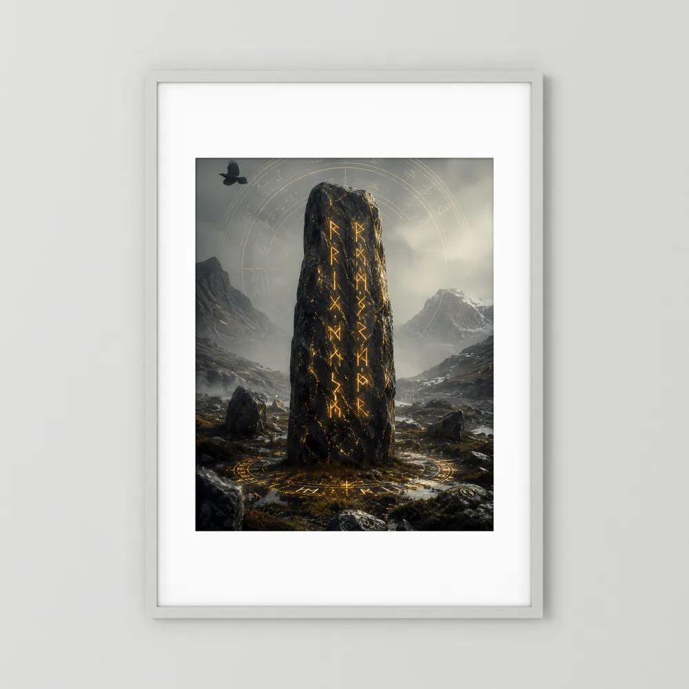 Hochformat-Poster im weißen Rahmen mit Passepartout: leuchtender Runenstein mit goldenen Runen.