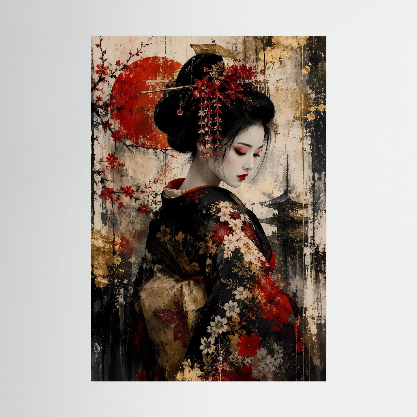 Hochformat-Poster mit Porträt einer Frau in schwarzem Kimono, rote Kreis- und Blütendetails