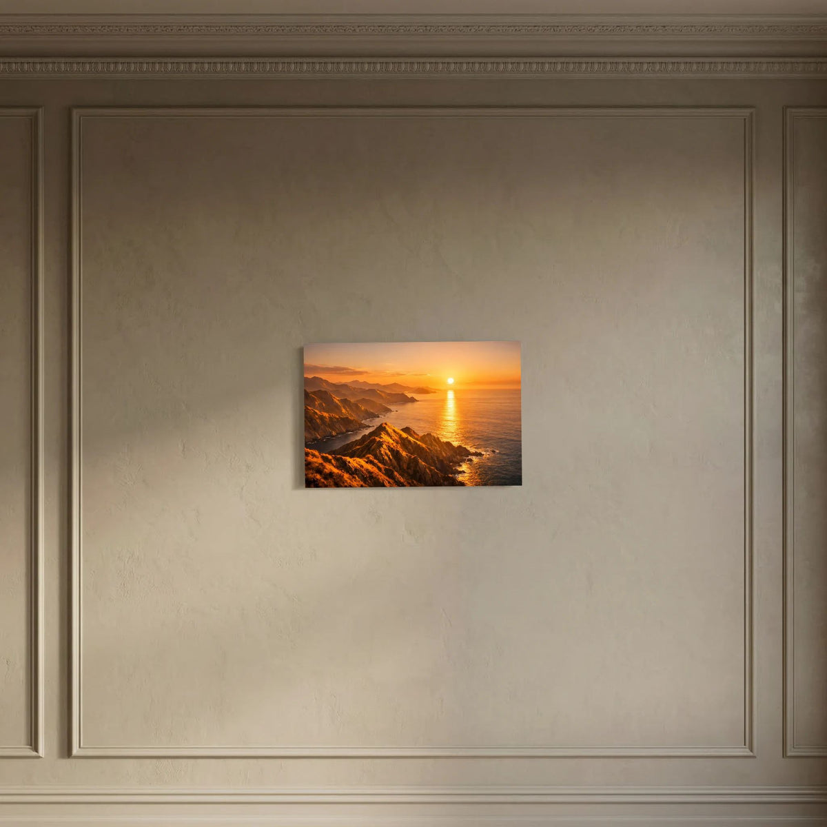 Kleines Wandbild mit Sonnenuntergang über Küstenklippen, Sonne am Horizont über Meer