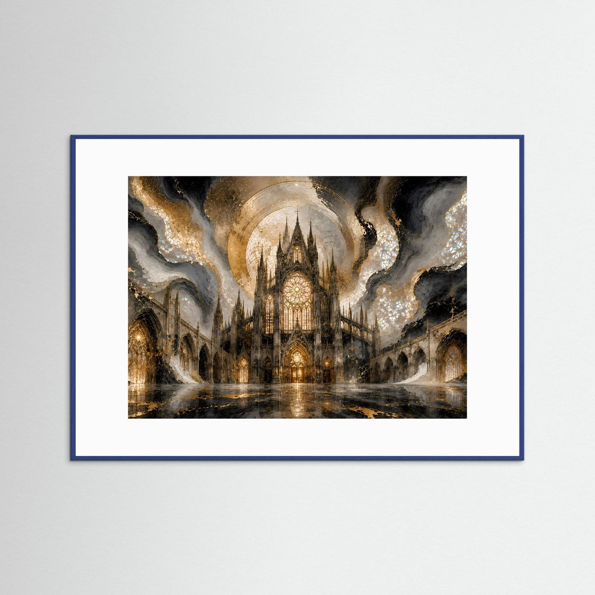 Gerahmter Kunstdruck mit gotischer Kathedrale in Gold- und Perlmuttfarben, blauer Rahmen