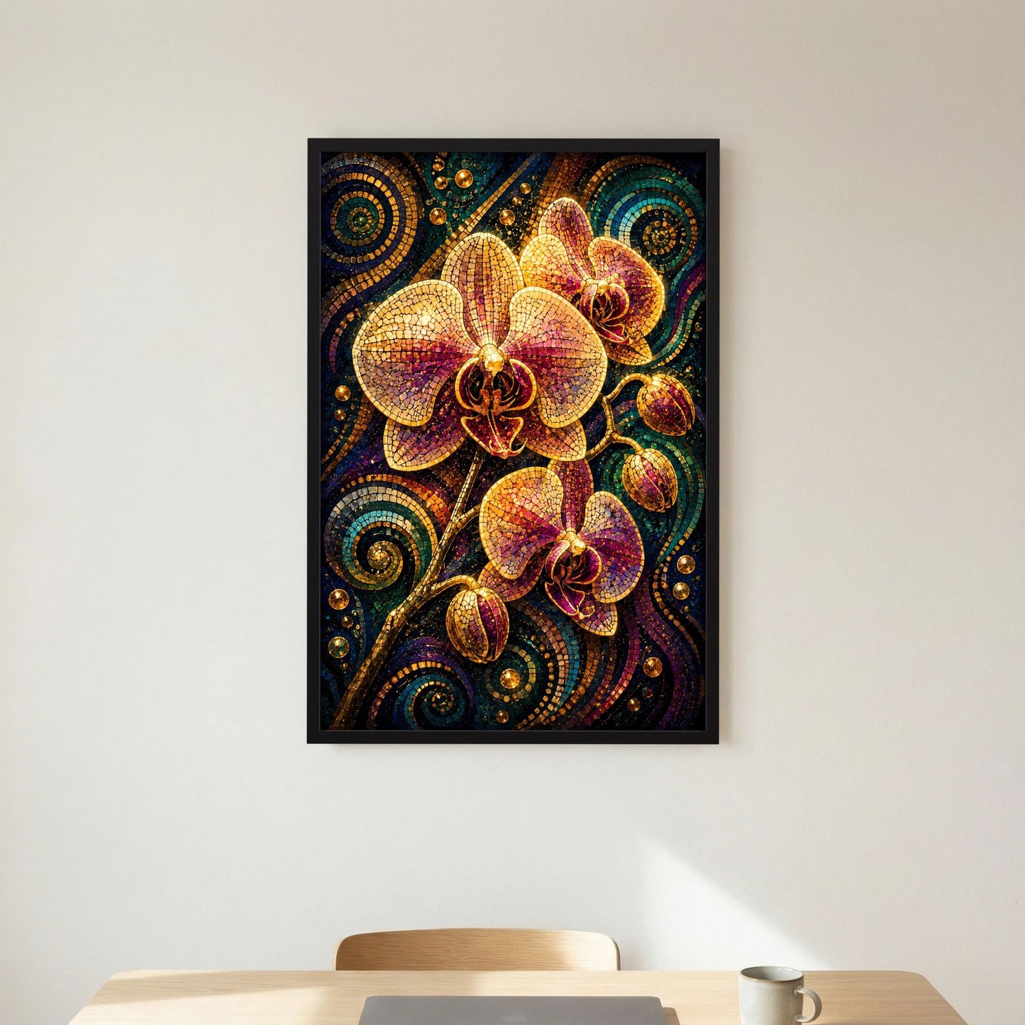 Poster mit Mosaik-Orchideen in Gold und Violett, schwarzer Rahmen