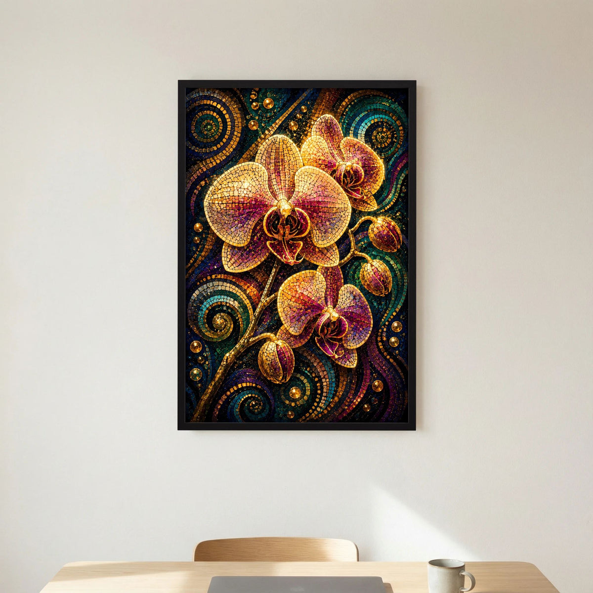 Poster mit Mosaik-Orchideen in Gold und Violett, schwarzer Rahmen