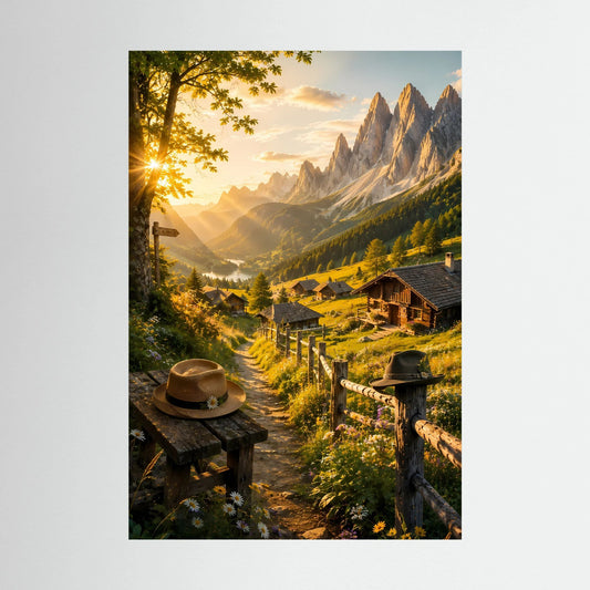 Hochformat-Poster mit Alpenlandschaft, Berghütte, goldenem Sonnenaufgang und Berggipfeln
