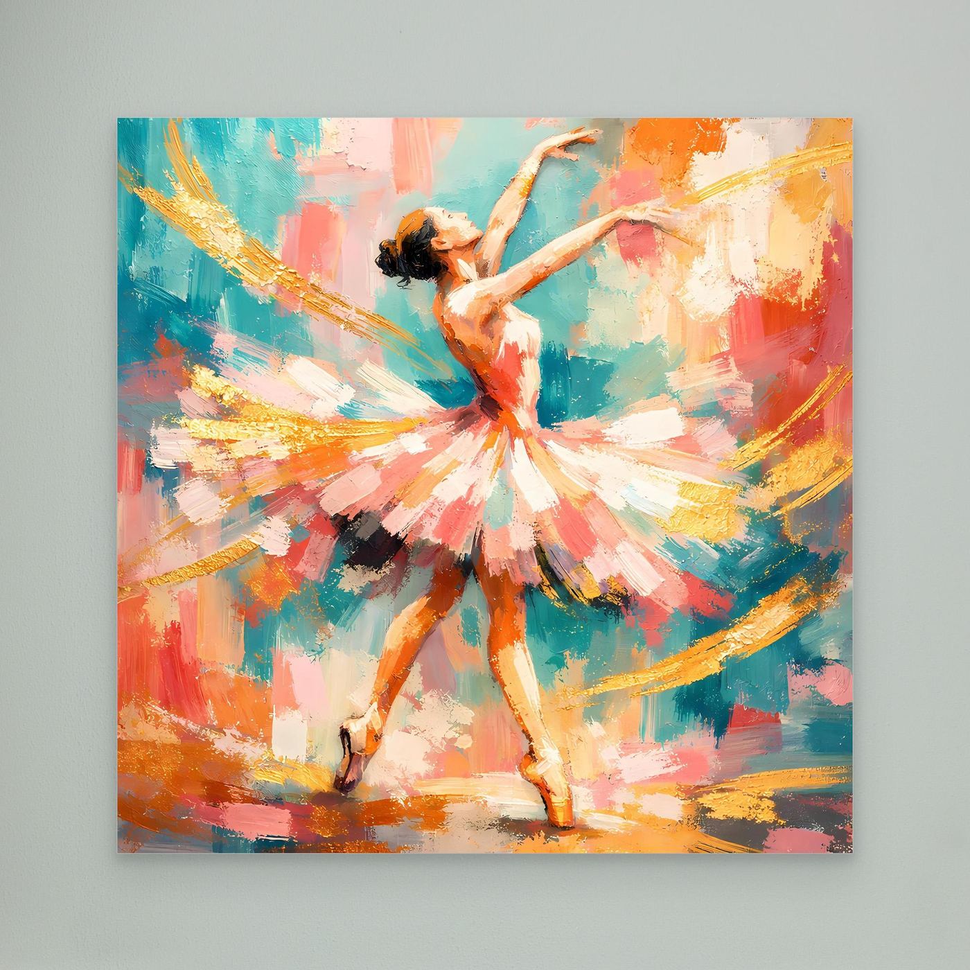 Leinwandbild mit abstrakter Ballerina, bunte Farbwirbel, flächige Pinseloptik