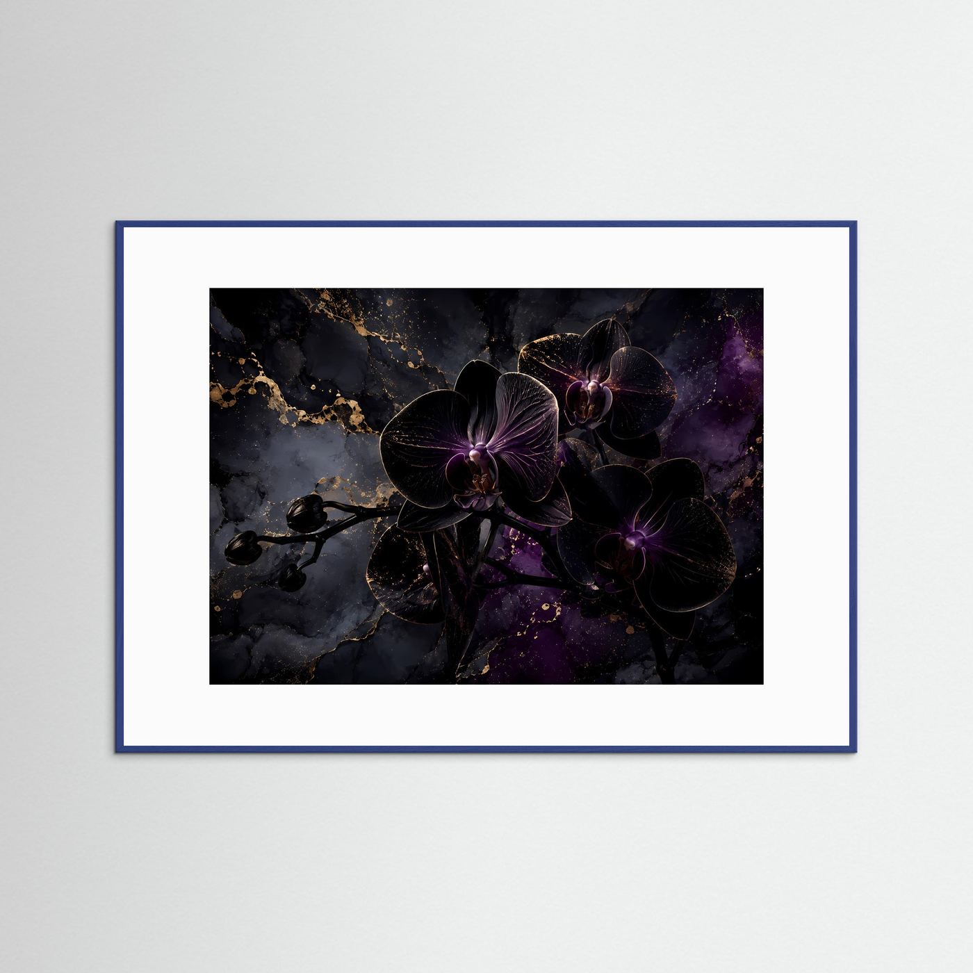 Schwarze Orchideen in Gold & Violett | Luxuriöses Florales Wandbild Querformat
