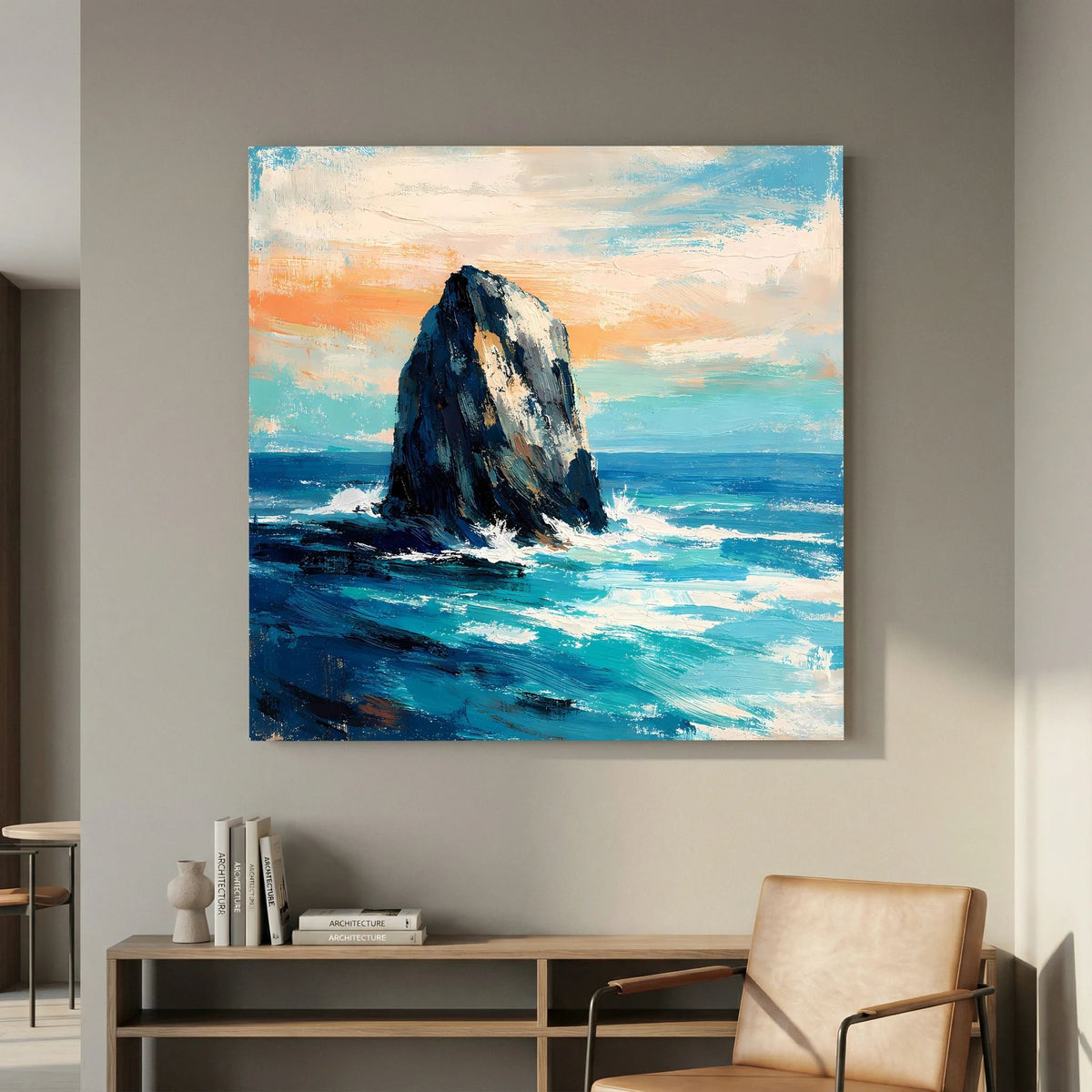Quadratisches Leinwandbild: Felsen in der Brandung, blaugrüne Wasserflächen und warme orangefarbenen Töne.