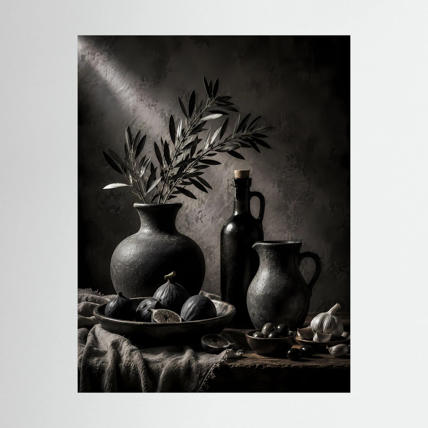 Detailansicht des Postermotivs: schwarze Keramik, Olivenzweige und Früchte.