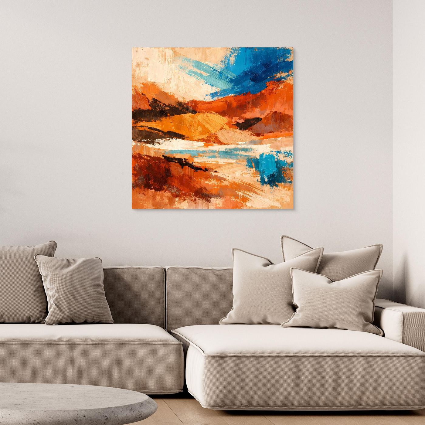 Abstraktes Leinwandbild mit Wüstenfarben in Orange, Blau und Schwarz, ohne sichtbaren Rahmen