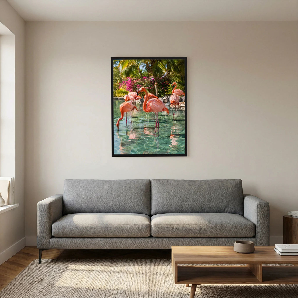 Hochformat-Poster mit rosafarbenen Flamingos am Wasser und buntem Tropenbewuchs