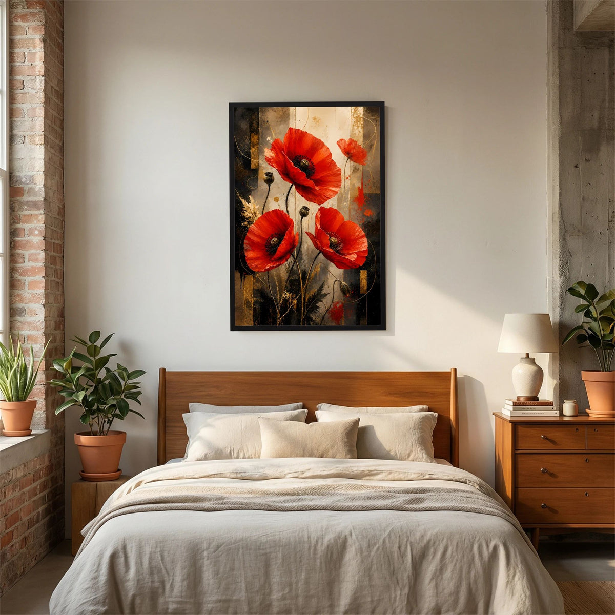 Roter Mohn in Gold & Schwarz | Elegante florale Kunst | Poster Hochformat