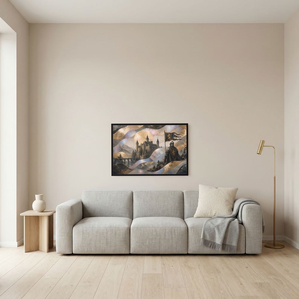 Gerahmtes Poster mit Burglandschaft und goldenen Ornamenten im schwarzem Rahmen