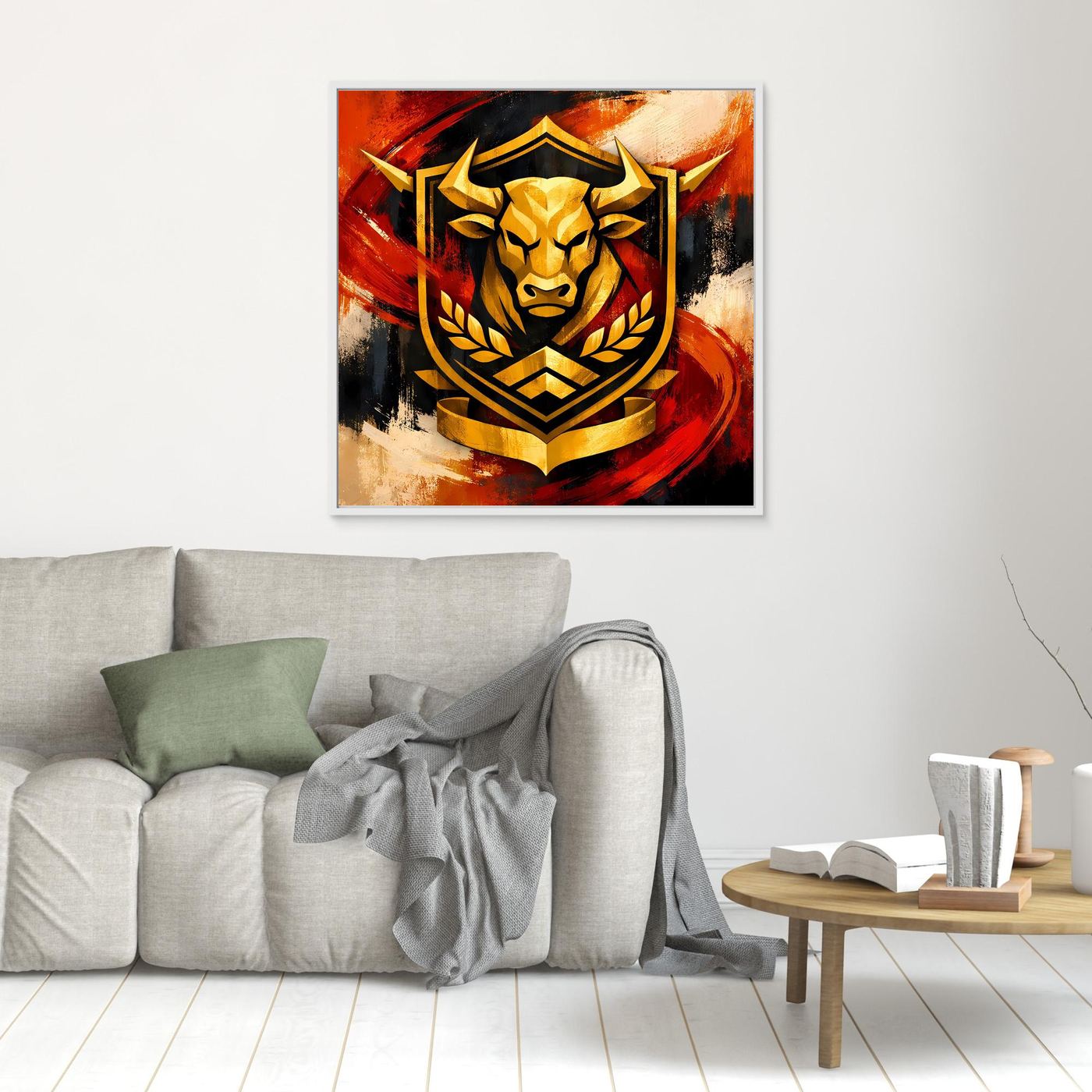 Kleines Leinwandbild: goldener Stierkopf im Wappenschild mit Lorbeer, Rot/Schwarz, schlicht an der Wand