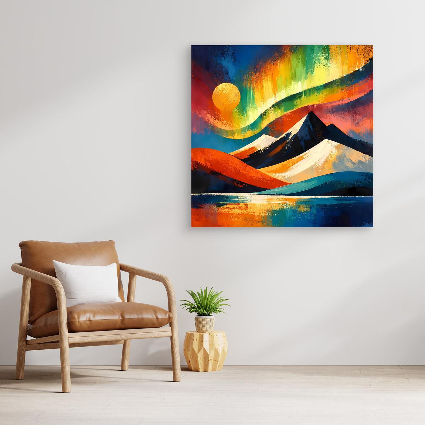Abstraktes Leinwandbild mit farbiger Berglandschaft, gelber Sonne, Regenbogen und Wasser