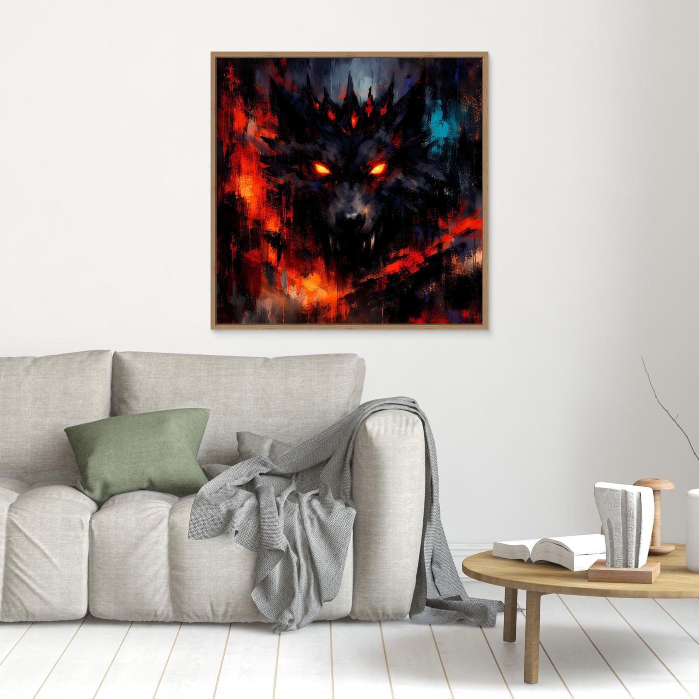 Quadratisches Wolf-Leinwandbild mit Rot- und Blauakzenten, leuchtende Augen, Holzrahmen